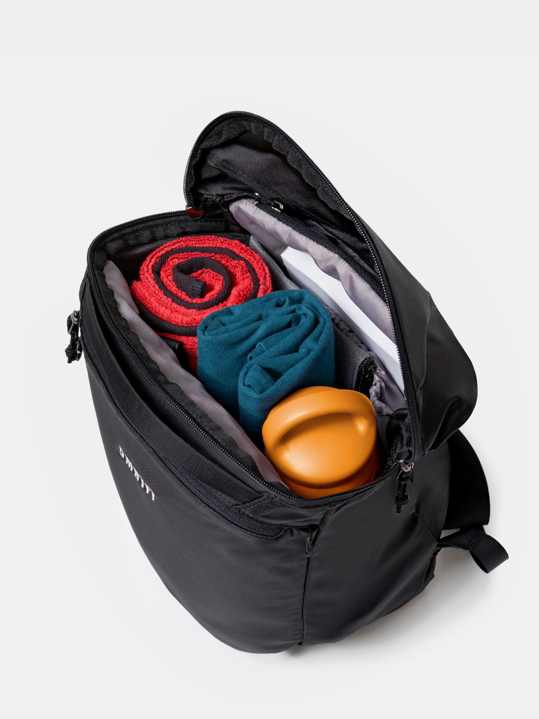 Black SMRTFT Backpack Openened | Red Gym Towel | SMRTPAC GO